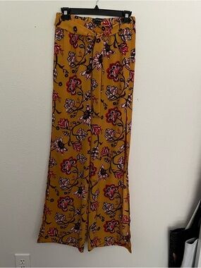 like an angel Mustard Floral Wide-Leg Tie-Waist Pants